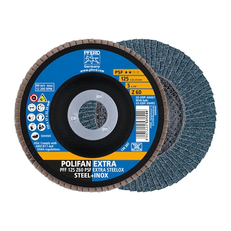 Pferd 5" x 7/8" A.H. POLIFAN Flap Disc - Z PSF EXTRA STEELOX, Zirconia, 60 Grit, Flat 60467